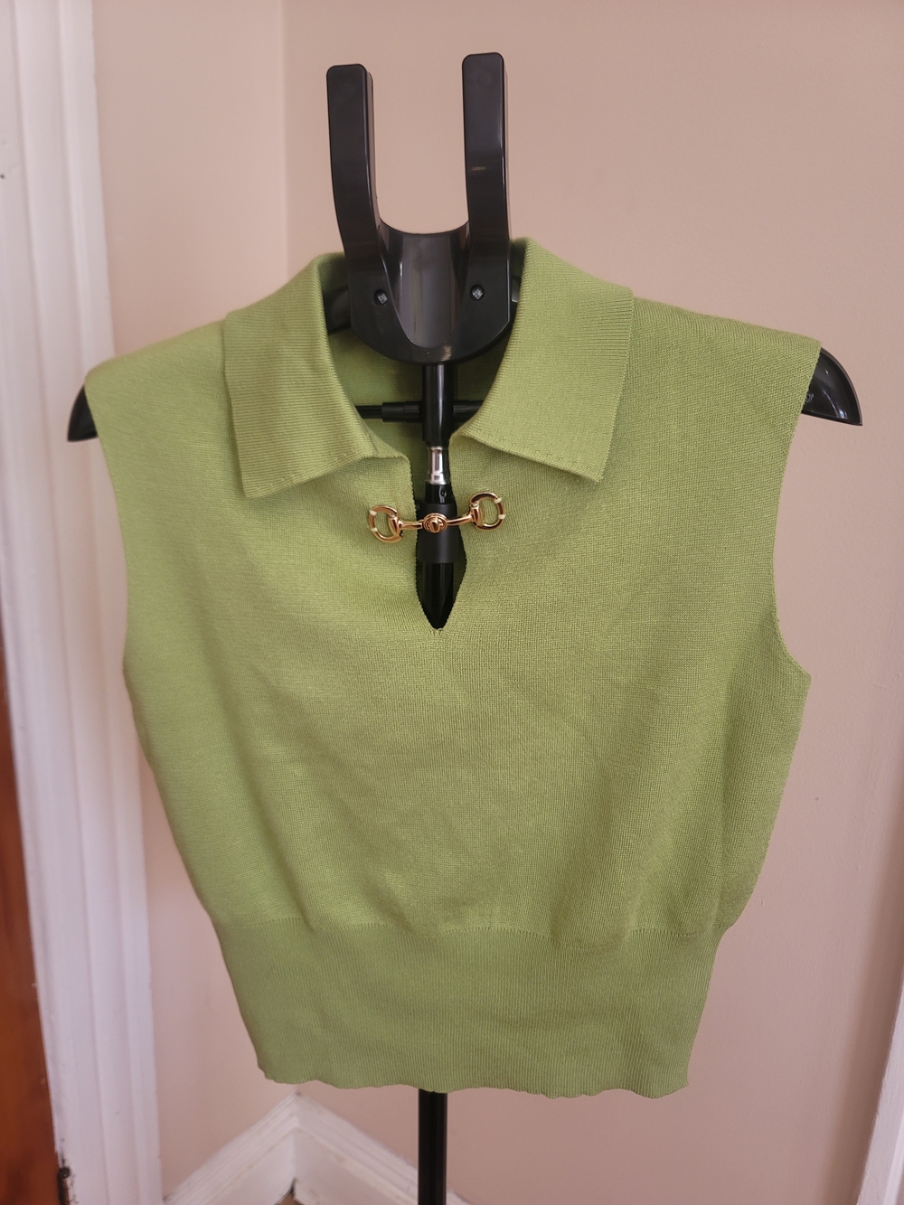 Collared Sleeveless Knit Tank in Light Green with Gold Accent